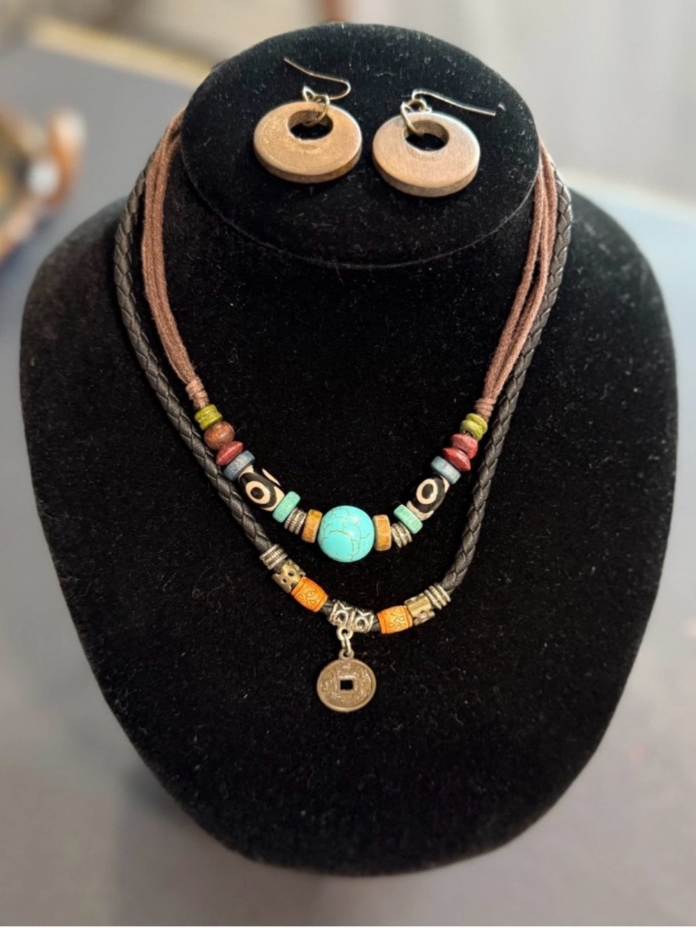 Handmade Artisan Leather and Cord Beaded Necklace and Earring Set